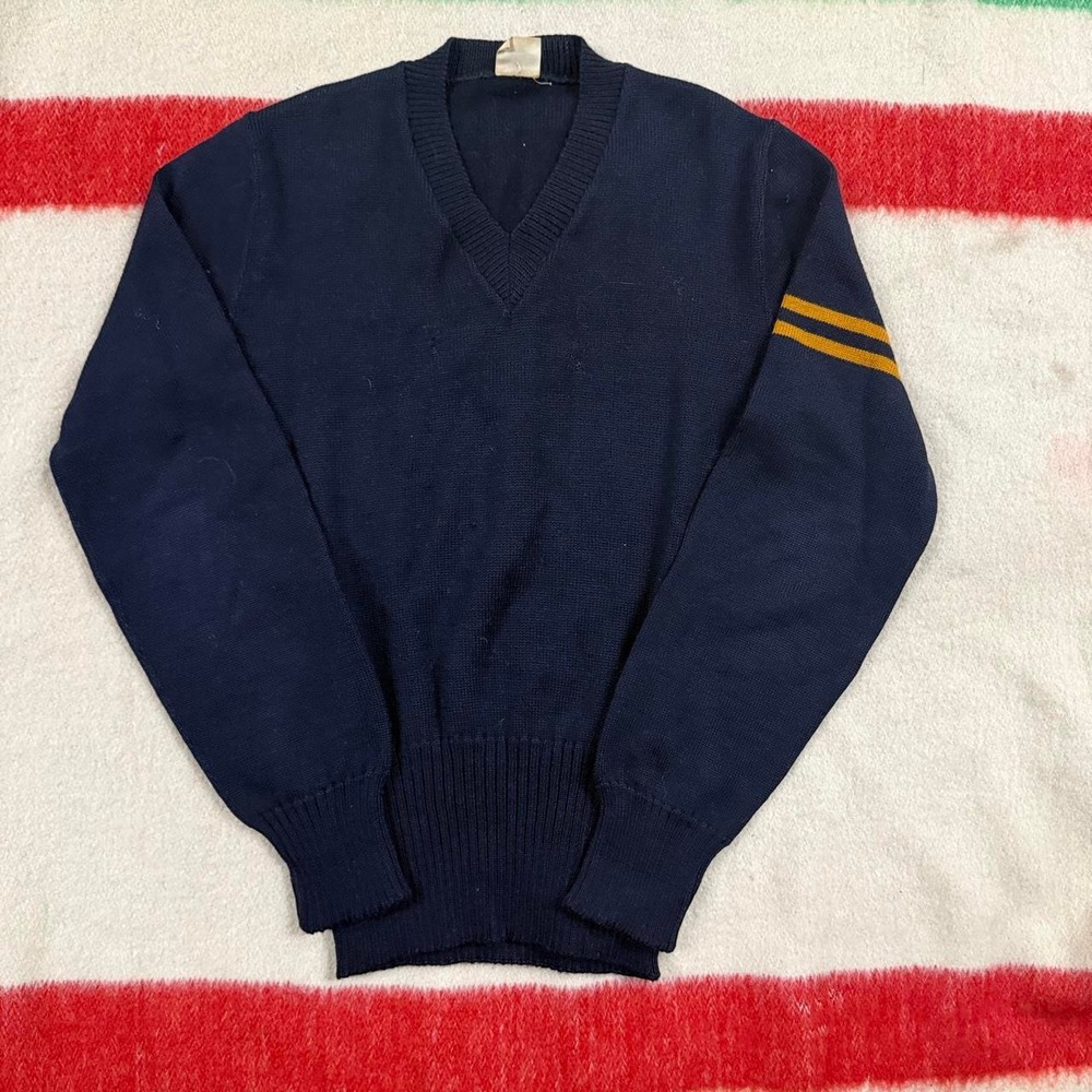 Vintage Nelson Knitting Mills Wool Varsity V Neck Sweater Navy Blue Striped 60s